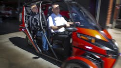 Eugene Springfield , OR,Fire Deputy Chief Markus Lay takes the new Rapid Responder by Arcimoto for a spin, with Arcimoto&rsquo;s Mark Frohnmayer, at Station 2 in Eugene.