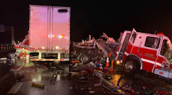 Four Marion, AR, firefighters suffered minor injuries after their apparatus was struck by a tractor-trailer along interstate 55 on Monday.