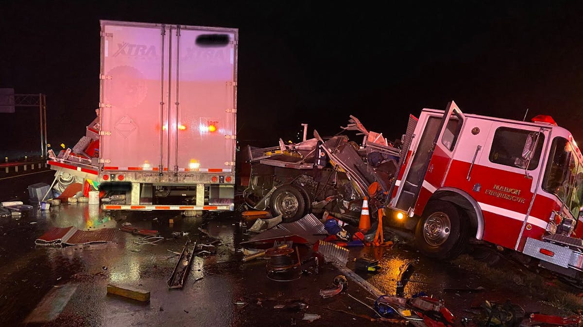 Four Marion, AR, firefighters suffered minor injuries after their apparatus was struck by a tractor-trailer along interstate 55 on Monday.