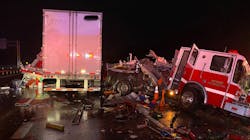 Four Marion, AR, firefighters suffered minor injuries after their apparatus was struck by a tractor-trailer along interstate 55 on Monday. Four Marion, AR, firefighters suffered minor injuries after their apparatus was struck by a tractor-trailer along interstate 55 on Monday.