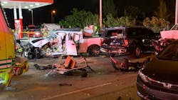 A Miami-Dade fire apparatus on its way to a call collided with another vehicle, setting off a chain reaction crash involving seven other vehicles Thursday night in Opa-Locka, FL.