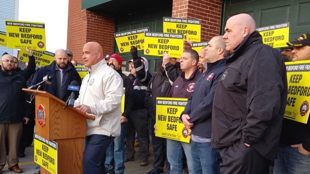 Demonstrators gather in front of Fire Station 11 in New Bedford, MA, last month to protest its decommissioning.