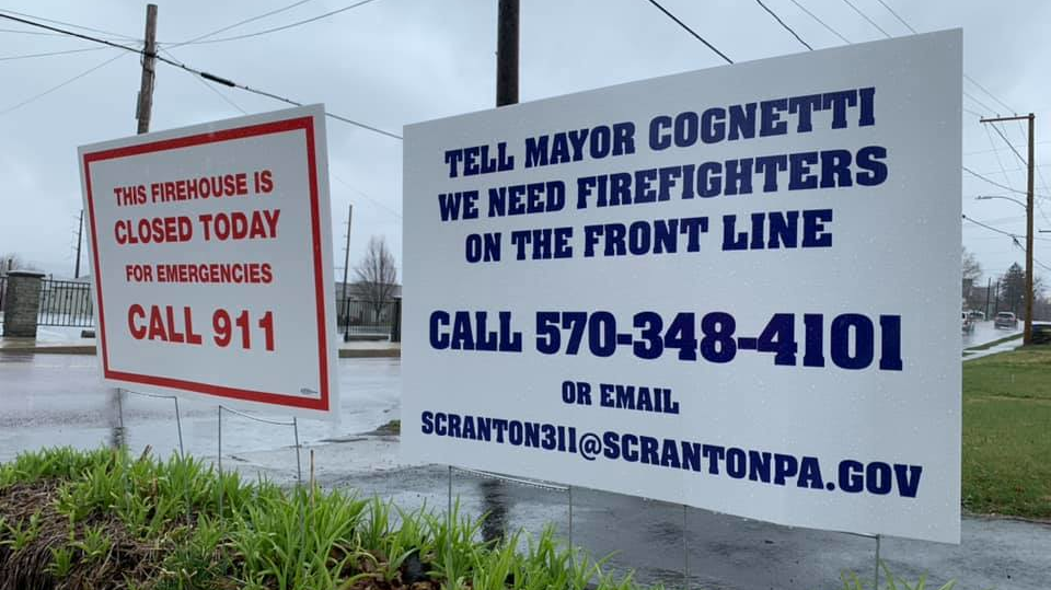 The firefighters union in Scranton, PA, posted a sign outside the fire department's Truck Company 4 station on North Main Avenue on Saturday that objected to acting Fire Chief Al Lucas closing the facility instead of calling in crews from other shifts to keep it open, and avoid &ldquo;cross-contamination&rdquo; of possible exposure to the coronavirus.