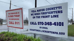 The firefighters union in Scranton, PA, posted a sign outside the fire department&apos;s Truck Company 4 station on North Main Avenue on Saturday that objected to acting Fire Chief Al Lucas closing the facility instead of calling in crews from other shifts to keep it open, and avoid &ldquo;cross-contamination&rdquo; of possible exposure to the coronavirus.