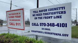 The firefighters union in Scranton, PA, posted a sign outside the fire department's Truck Company 4 station on North Main Avenue on Saturday that objected to acting Fire Chief Al Lucas closing the facility instead of calling in crews from other shifts to keep it open, and avoid “cross-contamination” of possible exposure to the coronavirus. The firefighters union in Scranton, PA, posted a sign outside the fire department's Truck Company 4 station on North Main Avenue on Saturday that objected to acting Fire Chief Al Lucas closing the facility instead of calling in crews from other shifts to keep it open, and avoid “cross-contamination” of possible exposure to the coronavirus.