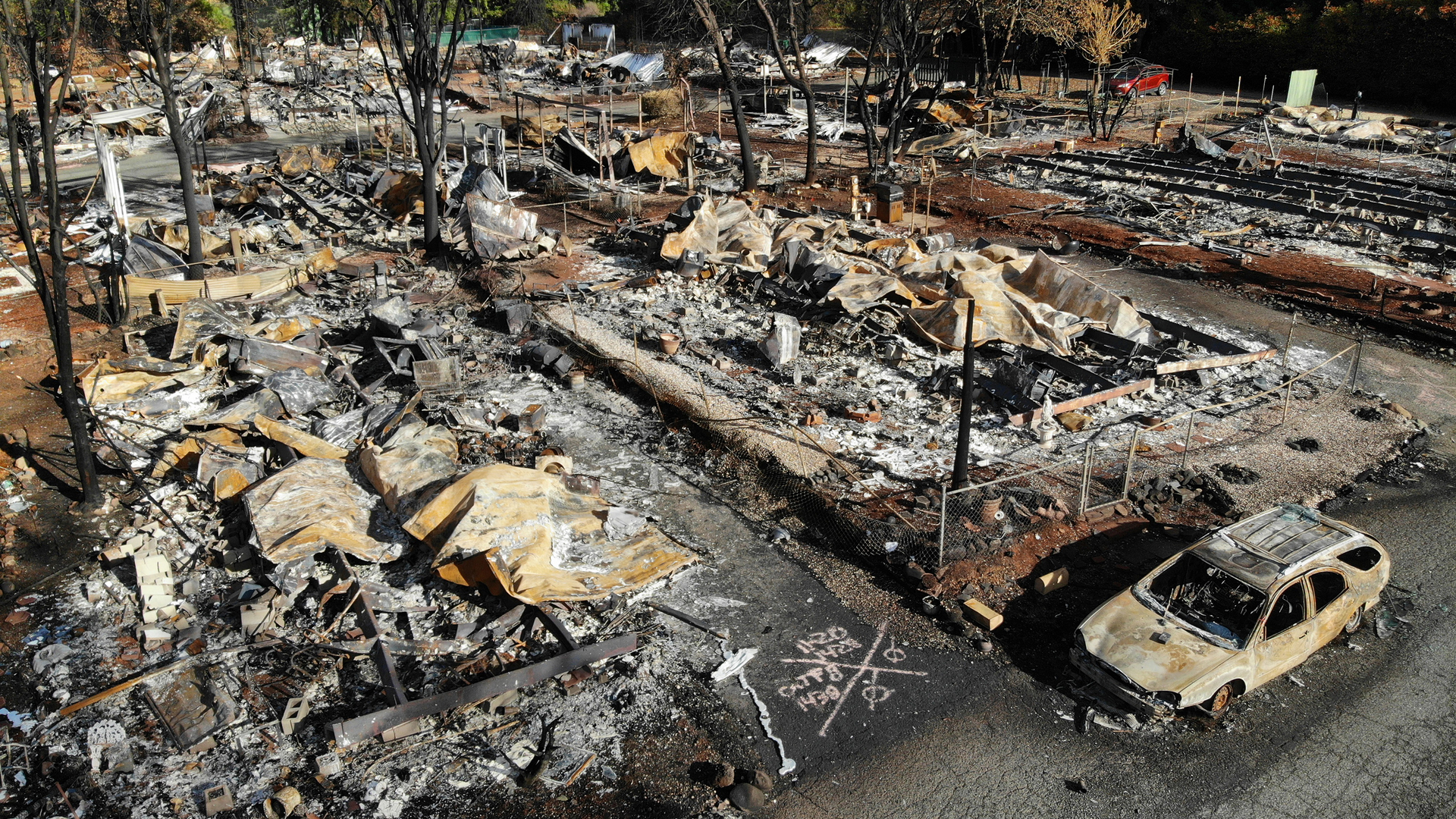 All but a few homes in the Pine Grove Mobile Home Park in Paradise, CA, were destroyed in the Camp Fire, pictured in this November 2018 file photo.