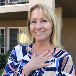 Kathy Lane is reunited with her diamond ring, which fell off as she was donating to the San Diego Fire Department&apos;s fill-the-boot fundraiser for the Burn Institute.