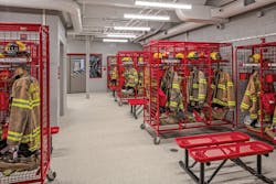 It is recommended to store PPE in separate rooms, with air movement for drying, exhaust systems, HEPA filters, overhead fans, and other room specialties to control cross-contamination and off-gassing from exposure.