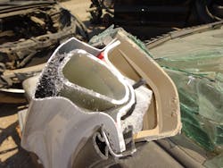 A cross section of a 2015 F-Series A-pillar reveals the aluminum alloy outside and inside layers. Note that the tube-shaped inner A-pillar structure is thicker than the other layers. Within the hollow space is a small piece of filler material (black). A cross section of a 2015 F-Series A-pillar reveals the aluminum alloy outside and inside layers. Note that the tube-shaped inner A-pillar structure is thicker than the other layers. Within the hollow space is a small piece of filler material (black).