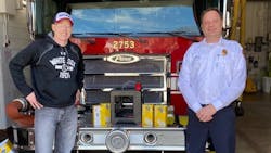 Midlothian, IL, Fire Department recently received gloves from Bremen High School District 228, and the school system is letting firefighters use two 3D printers to make protective masks. Fire Chief Stephen Hotwagner accepted the donations from Bremen High School Principal David Kibelkis. Midlothian, IL, Fire Department recently received gloves from Bremen High School District 228, and the school system is letting firefighters use two 3D printers to make protective masks. Fire Chief Stephen Hotwagner accepted the donations from Bremen High School Principal David Kibelkis.