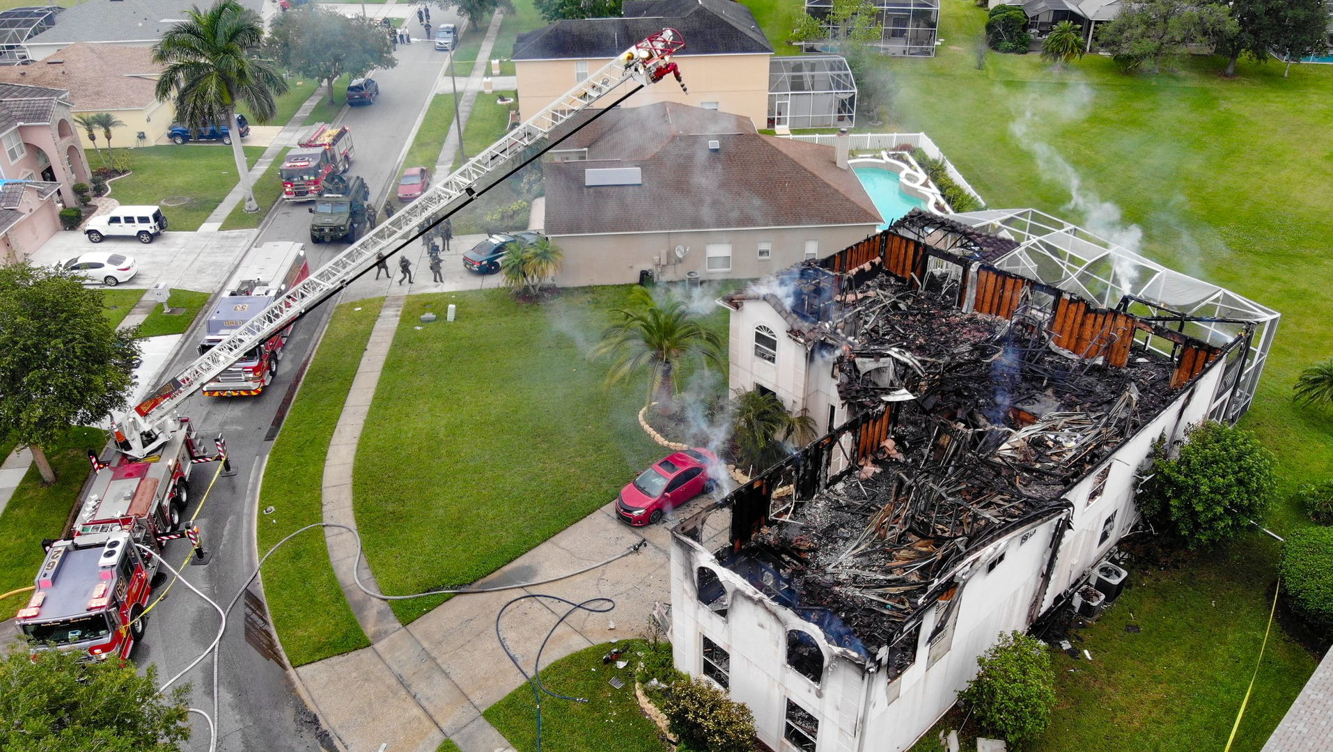 An Osceola County, FL, apparatus was struck by gunfire as firefighters battled a residential blaze early Monday.