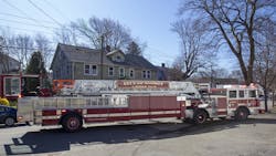The Quincy, MA, Fire Department's new Ladder 2, a two-driver tiller truck, responded to its active fire Monday. The Quincy, MA, Fire Department's new Ladder 2, a two-driver tiller truck, responded to its active fire Monday.