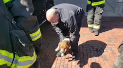 Rochester, NY, firefighters rescued Zeke, a 2-year-old Beagle, after the dog was trapped under his owner's pickup truck for a 40-mile ride Thursday.