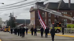 Woodbridge Township, NJ, firefighters were part of the funeral procession for resident Richard Gould on April 2, 2020, after he succumbed to the coronoavirus four days earlier.