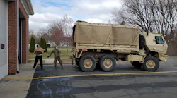 Members of the Massachusetts Army National Guard deliver badly needed medical supplies to the Agawam Fire Department on Tuesday, March 31, 2020.