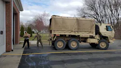 Members of the Massachusetts Army National Guard deliver badly needed medical supplies to the Agawam Fire Department on Tuesday, March 31, 2020.