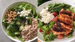 Examples of flexible bowls (tuna salad on the left and salmon on the right) that firefighters can build to their liking with a variety of different ingredients. The focus is on individuality while creating a filling salad that tastes great using a formula that includes nutrient dense foods with a balance of protein, fat, and carbohydrates and homemade dressing ideas.