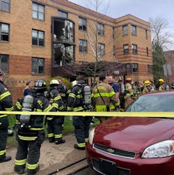 Crews from 10 fire companies rescued 12 people from windows and put out an apartment building blaze in Brentwood, PA, early Sunday. Crews from 10 fire companies rescued 12 people from windows and put out an apartment building blaze in Brentwood, PA, early Sunday.
