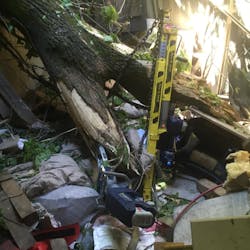 Chattanooga, TN, firefighters needed to stabilize a fallen tree and the floor underneath it so that they could shore the floor from the basement and lift the tree enough to slide a mother and daughter out. Chattanooga, TN, firefighters needed to stabilize a fallen tree and the floor underneath it so that they could shore the floor from the basement and lift the tree enough to slide a mother and daughter out.