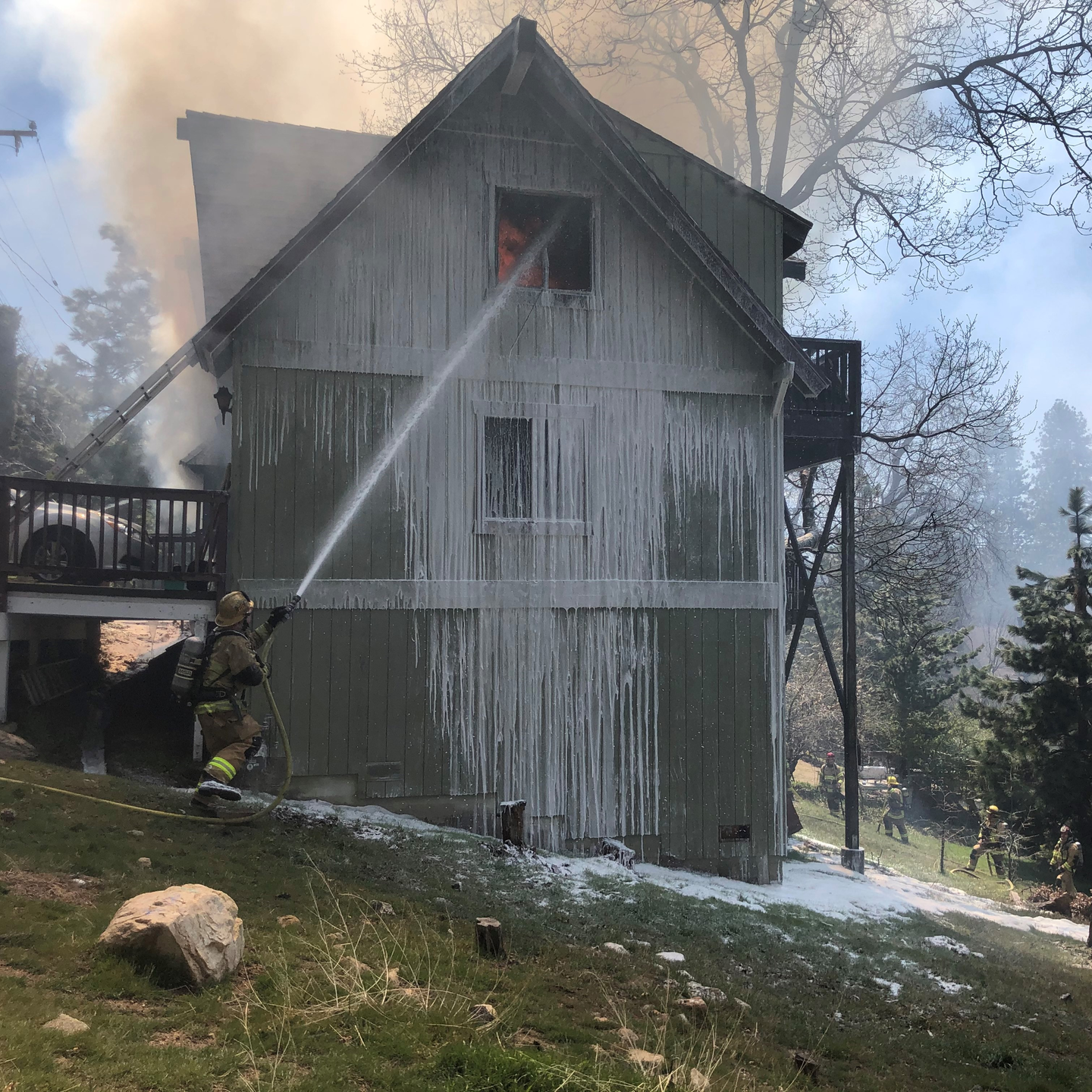 Two San Bernardino County, CA, firefighters were injured Tuesday after the floor of a burning multi-story home in Lake Arrowhead collapsed.