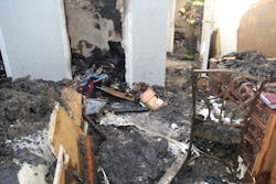 The sheetrock ceiling became so heavy that, when it turned loose and fell, it knocked one firefighter to his knee and knocked another unconscious. It would have been ideal if the ceiling was removed starting from the doorway entering the room, but the discovery of fire in the closet and the effort to suppress it might have taken precedence. The sheetrock ceiling became so heavy that, when it turned loose and fell, it knocked one firefighter to his knee and knocked another unconscious. It would have been ideal if the ceiling was removed starting from the doorway entering the room, but the discovery of fire in the closet and the effort to suppress it might have taken precedence.
