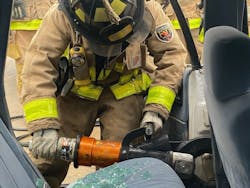 A Topeka firefighter hard at work during vehicle extrication training in March 2020. A Topeka firefighter hard at work during vehicle extrication training in March 2020.