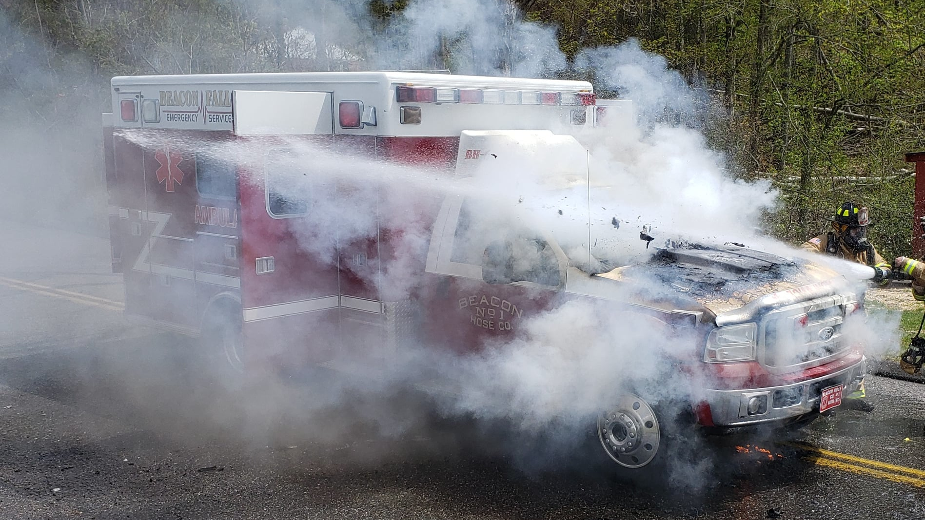 A Beacon Hose Company Not. 1 ambulance caught fire while taking a patient to the hospital Monday in Beacon Falls, CT.
