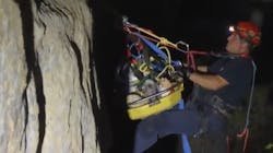 Billings, MT, firefighters lowered a gurney to rescue a climber who fell 60 feet while rappelling off Rimrocks at Sword Park on Tuesday. Billings, MT, firefighters lowered a gurney to rescue a climber who fell 60 feet while rappelling off Rimrocks at Sword Park on Tuesday.