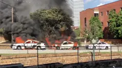 A Columbia, SC, firefighter was injured Saturday after peaceful demonstrations turned violent. Protesters also set fire to three police cars.