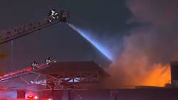 As many as 50 Dallas firefighters needed nearly four hours to put out a two-alarm blaze that broke at a vacant one-story commercial building late Wednesday. As many as 50 Dallas firefighters needed nearly four hours to put out a two-alarm blaze that broke at a vacant one-story commercial building late Wednesday.
