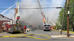 Nine fire departments responded to a five-alarm blaze that broke out at an Easthampton, MA, industrial building Friday.