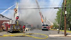 Nine fire departments responded to a five-alarm blaze that broke out at an Easthampton, MA, industrial building Friday. Nine fire departments responded to a five-alarm blaze that broke out at an Easthampton, MA, industrial building Friday.