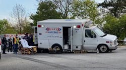 A Hunter EMS ambulance carrying a patient was involved in an accident Monday with a car on an expressway exit ramp in Plainview, NY, on Long Island A Hunter EMS ambulance carrying a patient was involved in an accident Monday with a car on an expressway exit ramp in Plainview, NY, on Long Island