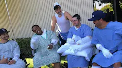 Five of the Los Angeles firefighters who were injured during a massive explosion at a smoke shop supply warehouse May 16.