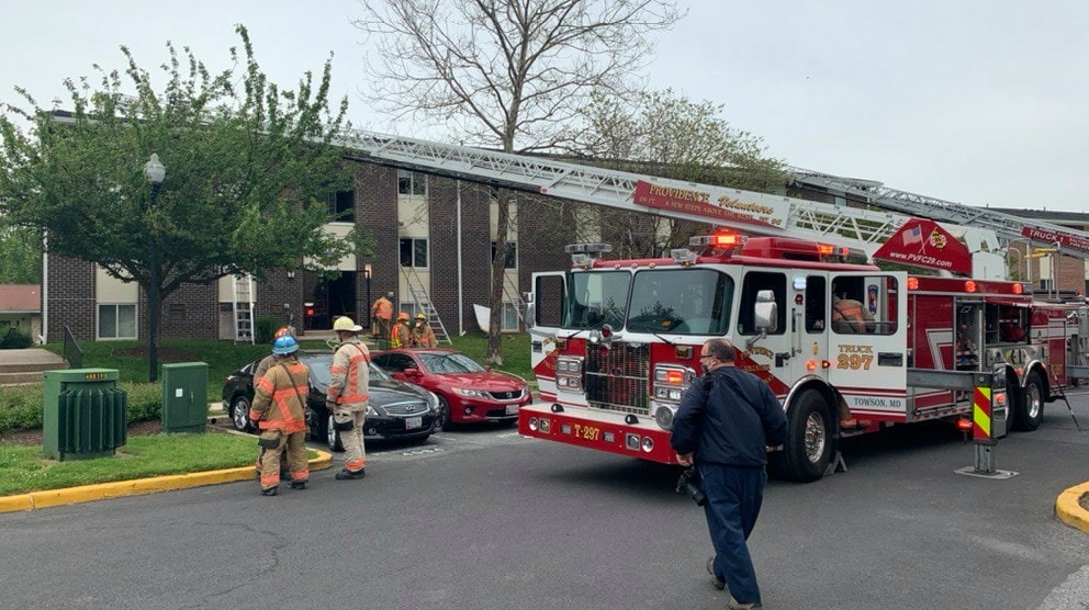 Baltimore County and Providence Volunteer Fire Company crews rescued several people from a burning three-story apartment building in Towson, MD, on Tuesday.