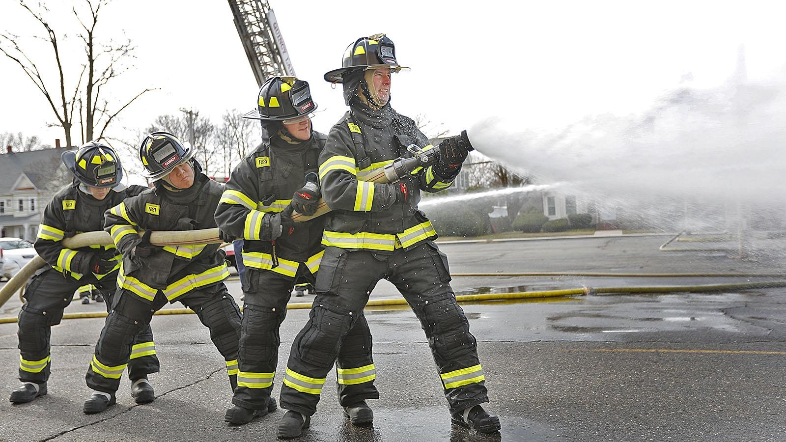 Quincy, MA, firefighter recruits James Mullaney, Derek White, Mitch Law and Brian Byrne.