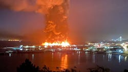 A massive fire rages at a fish warehouse on San Francisco&apos;s historic Pier 45 on May 23, 2020.