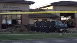 Two people were killed after they crashed an allegedly stolen vehicle into a Westminster, CO, fire station following a police chase early Thursday. Two people were killed after they crashed an allegedly stolen vehicle into a Westminster, CO, fire station following a police chase early Thursday.