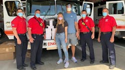 Foxborough firefighters with former New England Patriots star Rob Gronkowski and model Camille Kostek. Foxborough firefighters with former New England Patriots star Rob Gronkowski and model Camille Kostek.