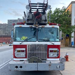 Cleveland Fire Department's Ladder 23 was placed out of service after bottles and rocks were thrown at it during protests Saturday, smashing the vehicle's windshield. Cleveland Fire Department's Ladder 23 was placed out of service after bottles and rocks were thrown at it during protests Saturday, smashing the vehicle's windshield.