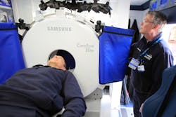 The onboard CT scanner of the Columbus, OH, Division of Fire’s Mobile Stroke Treatment Unit (MSTU) can permit the identification of a blood clot and the administering of clot-busting medication in as much as a half-hour more quickly than if a patient must be transported to a hospital for a CT scan. The onboard CT scanner of the Columbus, OH, Division of Fire’s Mobile Stroke Treatment Unit (MSTU) can permit the identification of a blood clot and the administering of clot-busting medication in as much as a half-hour more quickly than if a patient must be transported to a hospital for a CT scan.