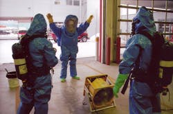 Because the biggest hazmat killers of firefighters are common materials, mass decontamination can be accomplished with the equipment that fire departments have to fight fires. Using a smoke exhaust fan to decon any residual gas vapor that might be present is effective dry decontamination from a gas incident.