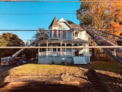At a West Coast Offense class in Clackamas, OR, the first- and second-due trucks took their respective “spots” on this Victorian house, which was situated slightly on a hill. The scenario was described to them as follows: They arrived to find fire showing from the second-floor turret windows (the red star). First due took their position and then the second. Because of low-hanging data wires along the front of the house, first due took the inside spot and threw under the wires to reach the roof. The second took a position along the A/B corner, thus covering both sides of the fire. This was a great job by these operators, getting two solid spots that covered both sides of the involved area, one ladder company augmenting the other. At a West Coast Offense class in Clackamas, OR, the first- and second-due trucks took their respective “spots” on this Victorian house, which was situated slightly on a hill. The scenario was described to them as follows: They arrived to find fire showing from the second-floor turret windows (the red star). First due took their position and then the second. Because of low-hanging data wires along the front of the house, first due took the inside spot and threw under the wires to reach the roof. The second took a position along the A/B corner, thus covering both sides of the fire. This was a great job by these operators, getting two solid spots that covered both sides of the involved area, one ladder company augmenting the other.