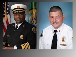 Seattle Fire Chief Harold D. Scoggins (left) and Deputy Chief, Operations, Ronald R. Mondragon. Seattle Fire Chief Harold D. Scoggins (left) and Deputy Chief, Operations, Ronald R. Mondragon.