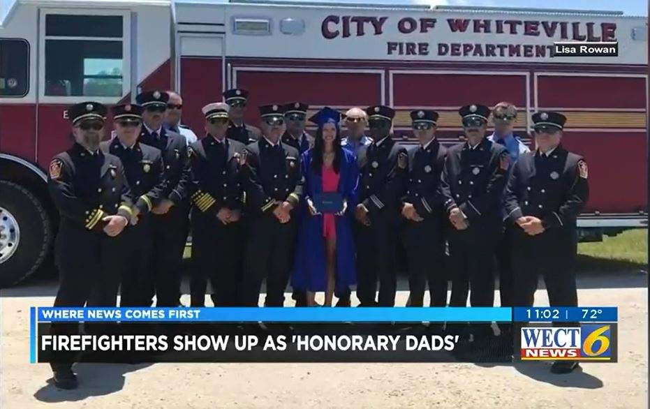 Firefighters from New Hanover County and Whiteville pose with Amber Stanley at her graduations.