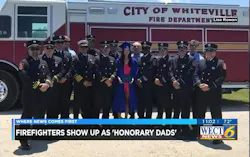 Firefighters from New Hanover County and Whiteville pose with Amber Stanley at her graduations. Firefighters from New Hanover County and Whiteville pose with Amber Stanley at her graduations.