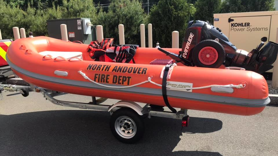 North Andover firefighters took their three boats to a lake for training when a part broke, throwing two firefighters into the water.