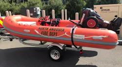 North Andover firefighters took their three boats to a lake for training when a part broke, throwing two firefighters into the water.