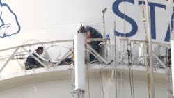 Fresno, CA, firefighters rescued a worker who became unconscious from apparent heat exhaustion atop the Fresno State University water tower. Fresno, CA, firefighters rescued a worker who became unconscious from apparent heat exhaustion atop the Fresno State University water tower.