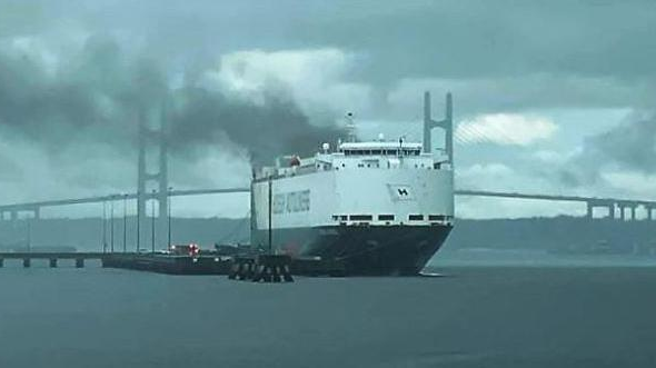 The fire aboard an auto hauler ship continued burning Sunday. The M/V H'egh Xiamen cargo ship caught fire Thursday at Blount Island, injuring nine Jacksonville, FL, firefighters